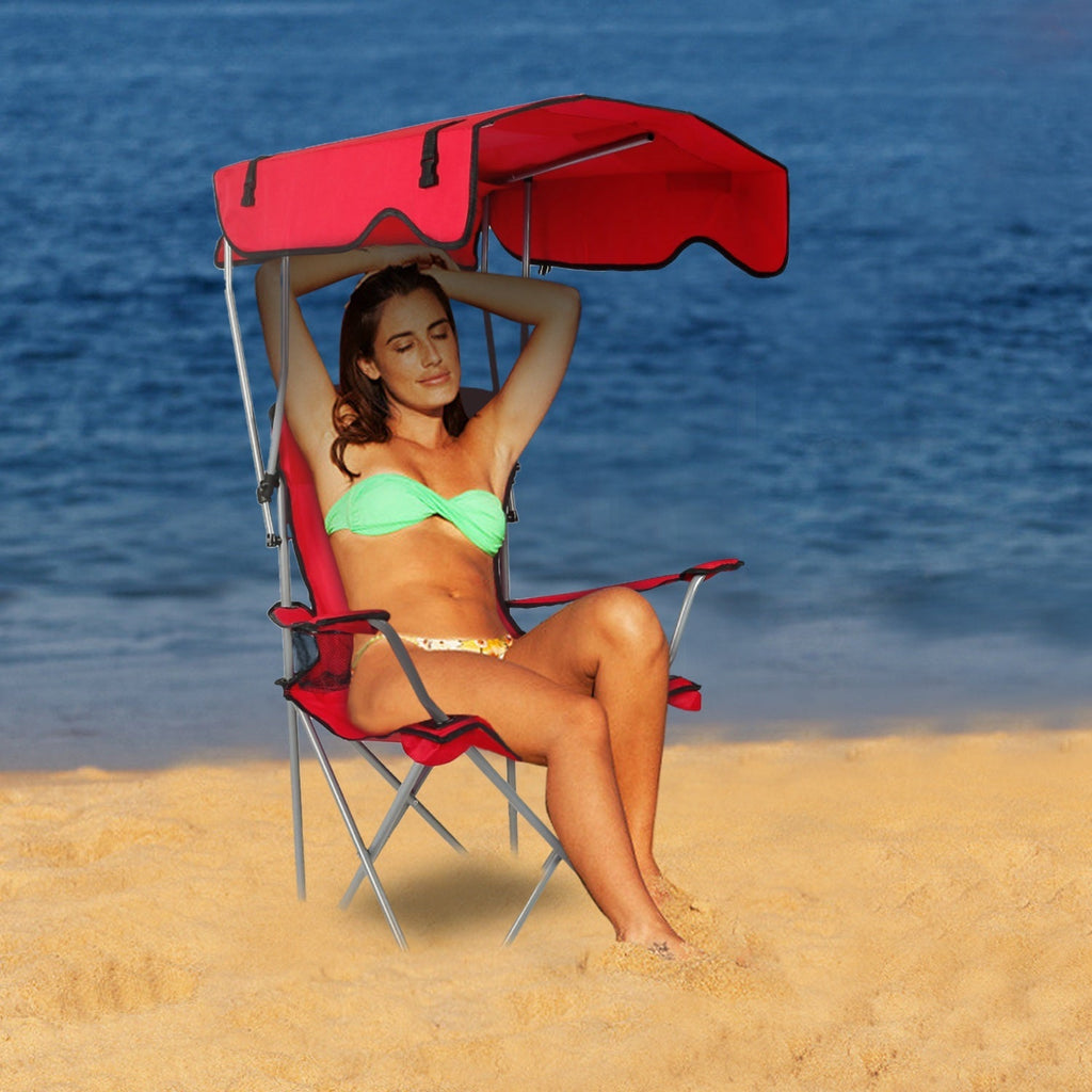 Foldable Beach Canopy Chair Sun Protection Camping Lawn Canopy Chair 330LBS Load Folding Seat w/ Cup Holder For Beach Poolside Travel Picnic