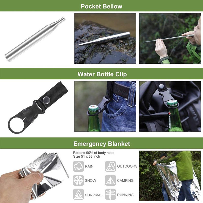Military-grade outdoor travel survival kit with mini camping tools, emergency bracelet, whistle, blanket and knife.