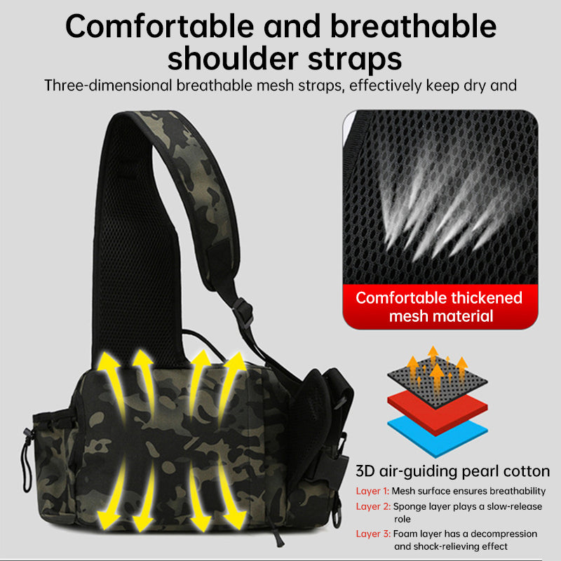Men's Fishing Backpack: Equipped with bait box, equipment storage bag, pole holder, sling & shoulder bag design.