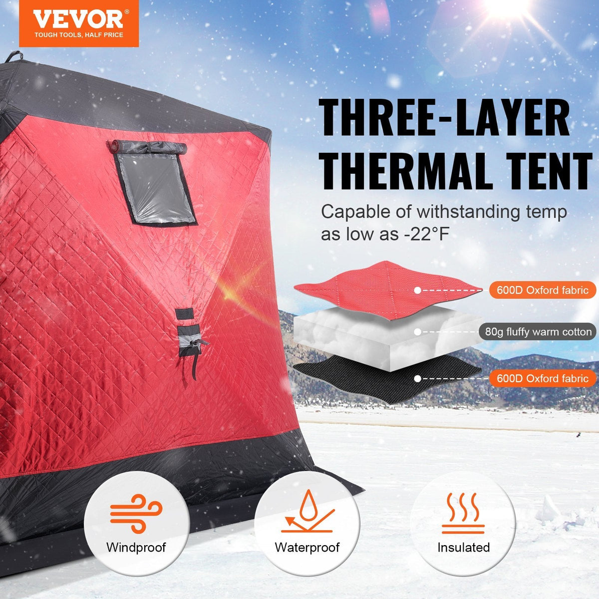 Portable Ice Shelter, 4-6 Person Insulated Pop-Up Ice Fishing Tent, 50 Square Feet Fishable Area, Thermal Ice Shanty for Winter Fishing, Ice Cube with Anchors, Ropes, Carrying Bag, 130"x130"