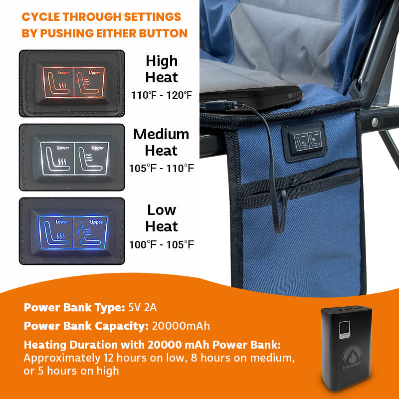 Heated Camping Chair with 20,000mAh Power Bank – USB Powered Folding Outdoor Heated Chair with 3 Heat Settings