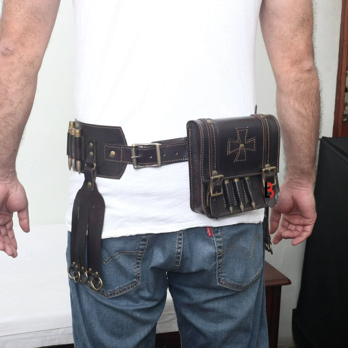 Cowhide Leather Bandolier Belt Bird Hanger & Hunting Pouch Set Rifle Cartridges