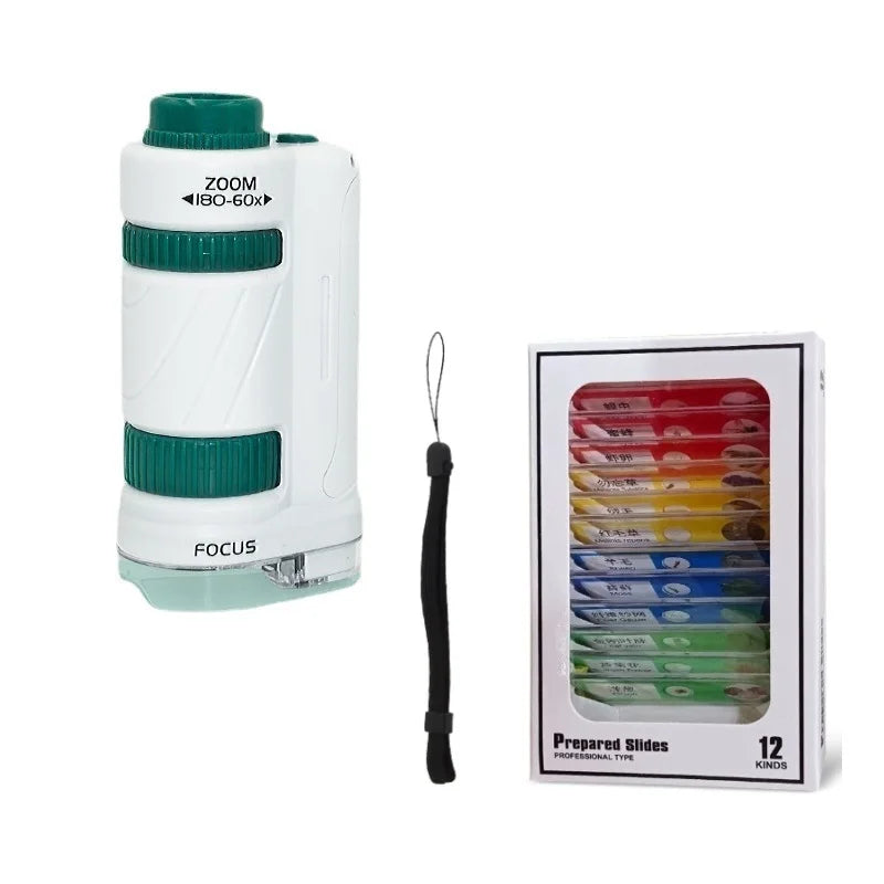 Kids Handheld Microscope Kit - 60-180x Biological Pocket Microscope with LED Light, STEM Education Toy for Outdoor Learning