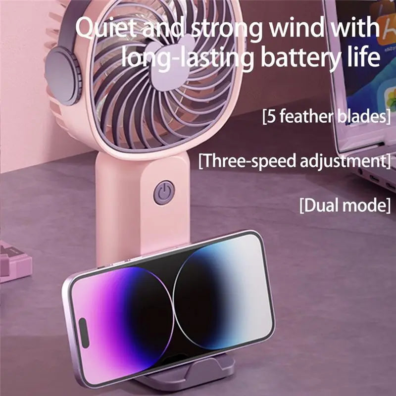 Rechargeable Handheld Fan 3-Speed 400mAh with Phone Holder, Compact 6.7 in (17 cm) Portable Personal Fan