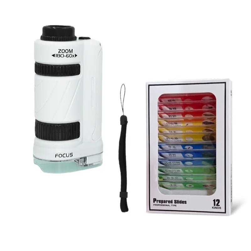 Kids Handheld Microscope Kit - 60-180x Biological Pocket Microscope with LED Light, STEM Education Toy for Outdoor Learning