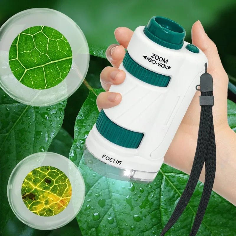 Kids Handheld Microscope Kit - 60-180x Biological Pocket Microscope with LED Light, STEM Education Toy for Outdoor Learning