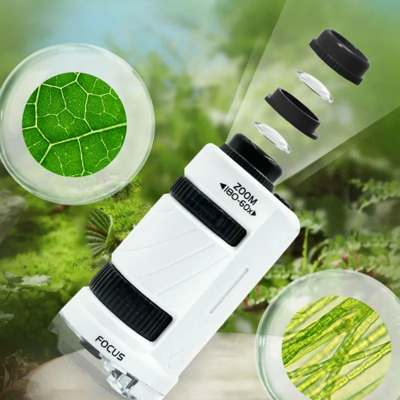 Kids Handheld Microscope Kit - 60-180x Biological Pocket Microscope with LED Light, STEM Education Toy for Outdoor Learning