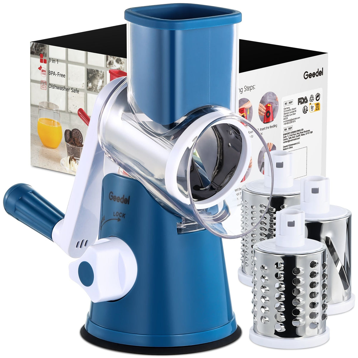 Crank 3-Blade Cheese and Vegetable Grater with Suction Base