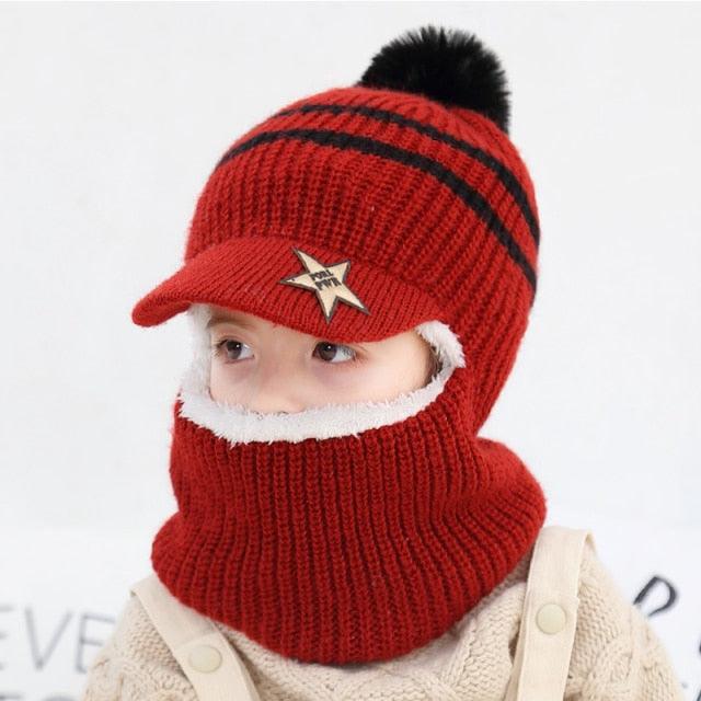Thick Knitted Acrylic Winter Beanie Hats For Kids Child Outdoor Warm Balaclava Cap Girls Boys Bib Mask Face Cover Hairball Hat  Beanie Cap Mask Scarf Hat Set Outdoor Sport Warm Beanies Hat For Men Knitted Hats Bandana Hiking Camping Kid Neck Warmer Cap